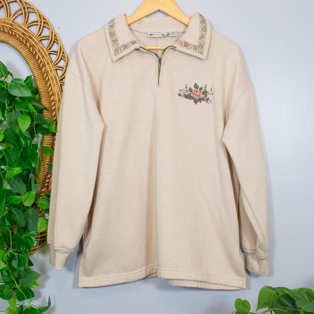 VTG L Floral Embroidered Zip Sweatshirt Cottagecore Grandmacore Light Spring